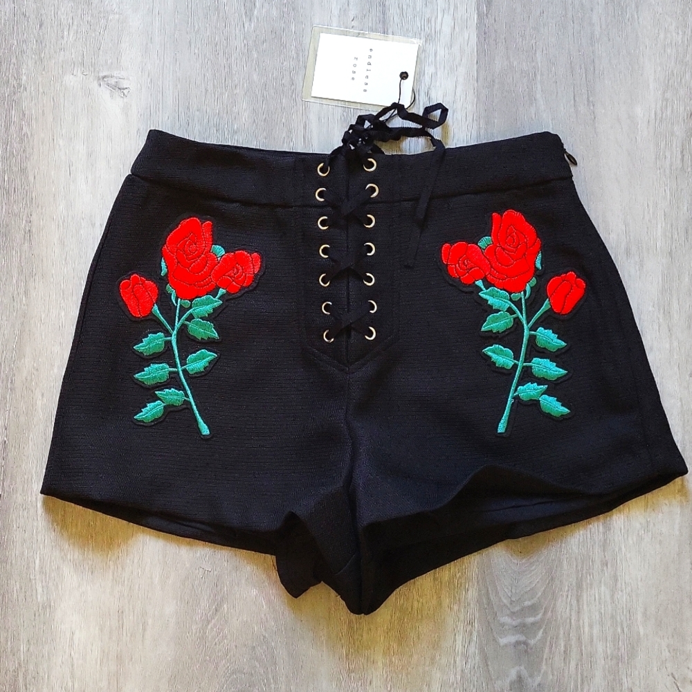 Endless Rose Black High Waist Shorts Rose & Tie Front Side Zipper 2" inseam